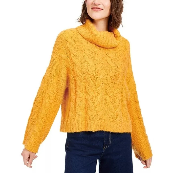 Sun + Moon Women's Cowl Neck Cable Knit Sweater Yellow Size Large