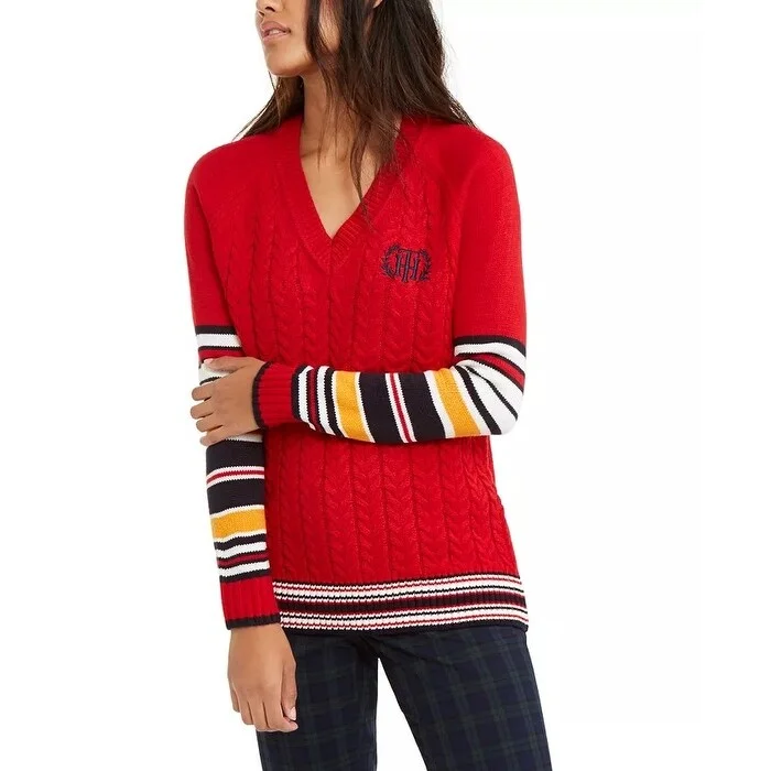 Tommy Hilfiger Women's Varsity Stripe Cable Knit Sweater Medium Red Size Medium