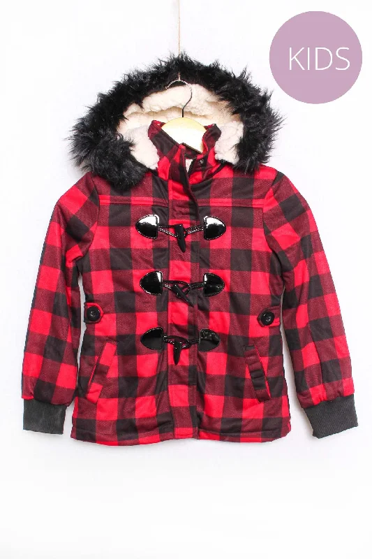 Girl's Long Sleeves Spinkle Duffle Fur Hooded Plaid Jacket