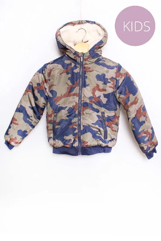 Kid's Long Sleeves Full Zip Faux Fur Camo Jacket