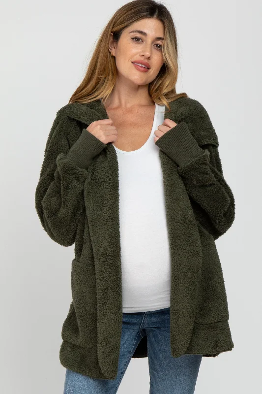 Olive Fuzzy Hooded Long Sleeve Maternity Jacket