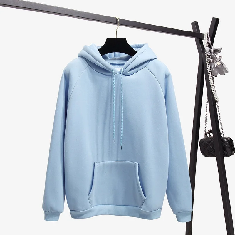 2018 Fashion Solid Color Autumn And Winter Plus Velvet Loose Women's Sweatshirt Hooded Collar Long Sleeve Casual Sky Blue Hoodie