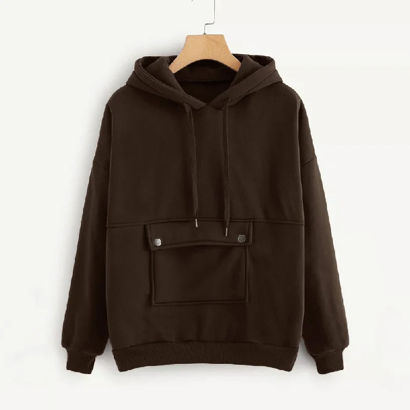 2019 Womens Hoodie Autumn Loose Long Sleeve Brown Color Bockets Hooded Sweatshirt Pullover Blouse L0724