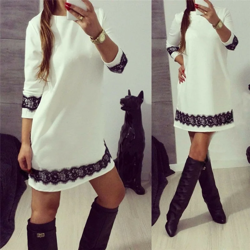 Autumn Winter Women Lace Dress Casual O-Neck Long Sleeve Tunic Dresses Party Dress