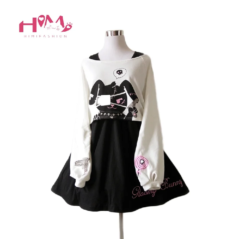 Black Comic Rabbit Dress Teens Girls 2 Pcs Suit Sweet Kawaii Short Dress Cute Bunny Print Long Sleeve Japanese Lolita Dress 2020