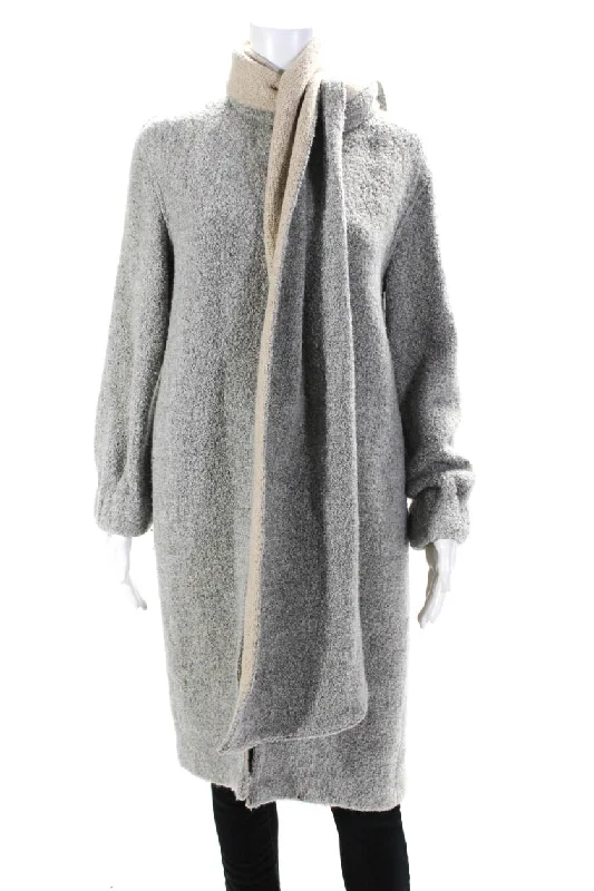 Le Fou Womens Scarf Collar Long Sleeve Open Front Long Coat Gray