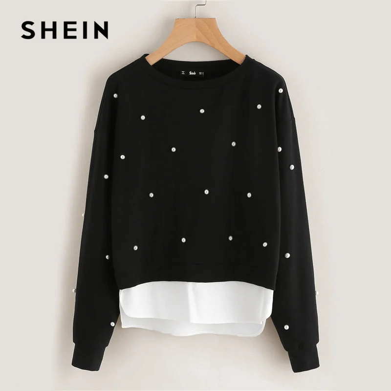 SHEIN Sweatshirt Woman Pearl Beading 2 In 1 Sweatshirt Autumn Women Sweatshirt Black Long Sleeve Elegant Pullovers