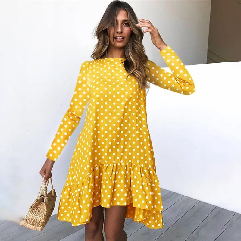 Spring Fashion Polka Dot Dress Women Long Sleeve Ruffle Ladies Casual Dresses 2020 Yellow Losse Dress For Women Clothes Blue