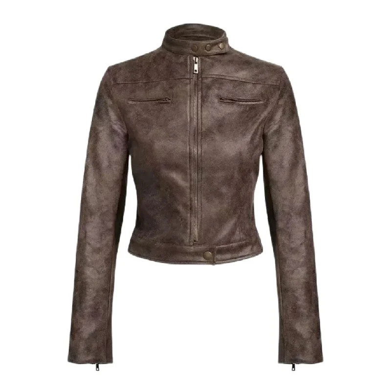 Biker Buttoned Mock Neck Zip Up Distressed Crop Vegan Leather Jacket