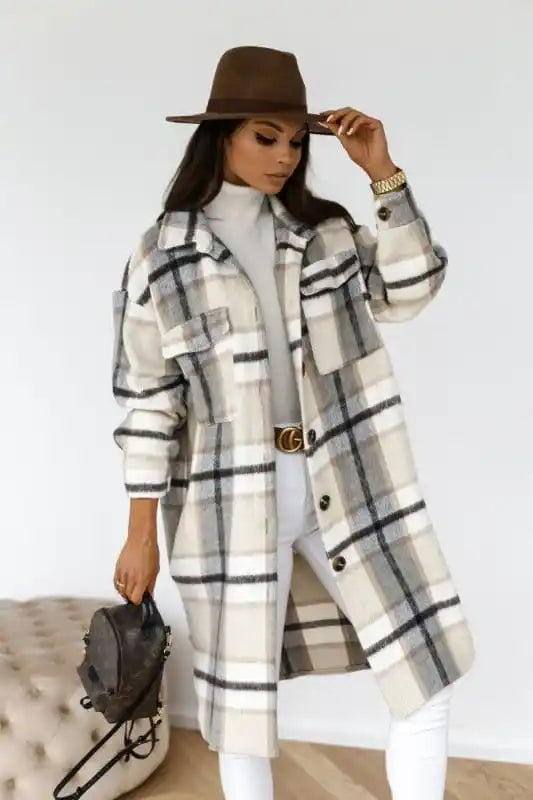 Women’s Plaid Print Long Sleeve Spread Collar Shirt Coat