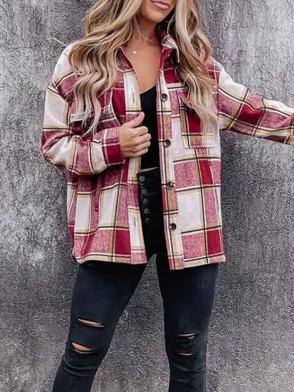 Women’s Check Print Long Sleeve Casual Jacket