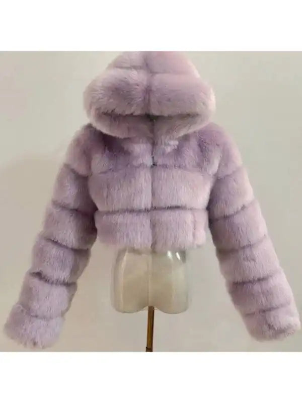 Women’s Short Faux Fur Coat With Hood and Long Sleeve Patchwork