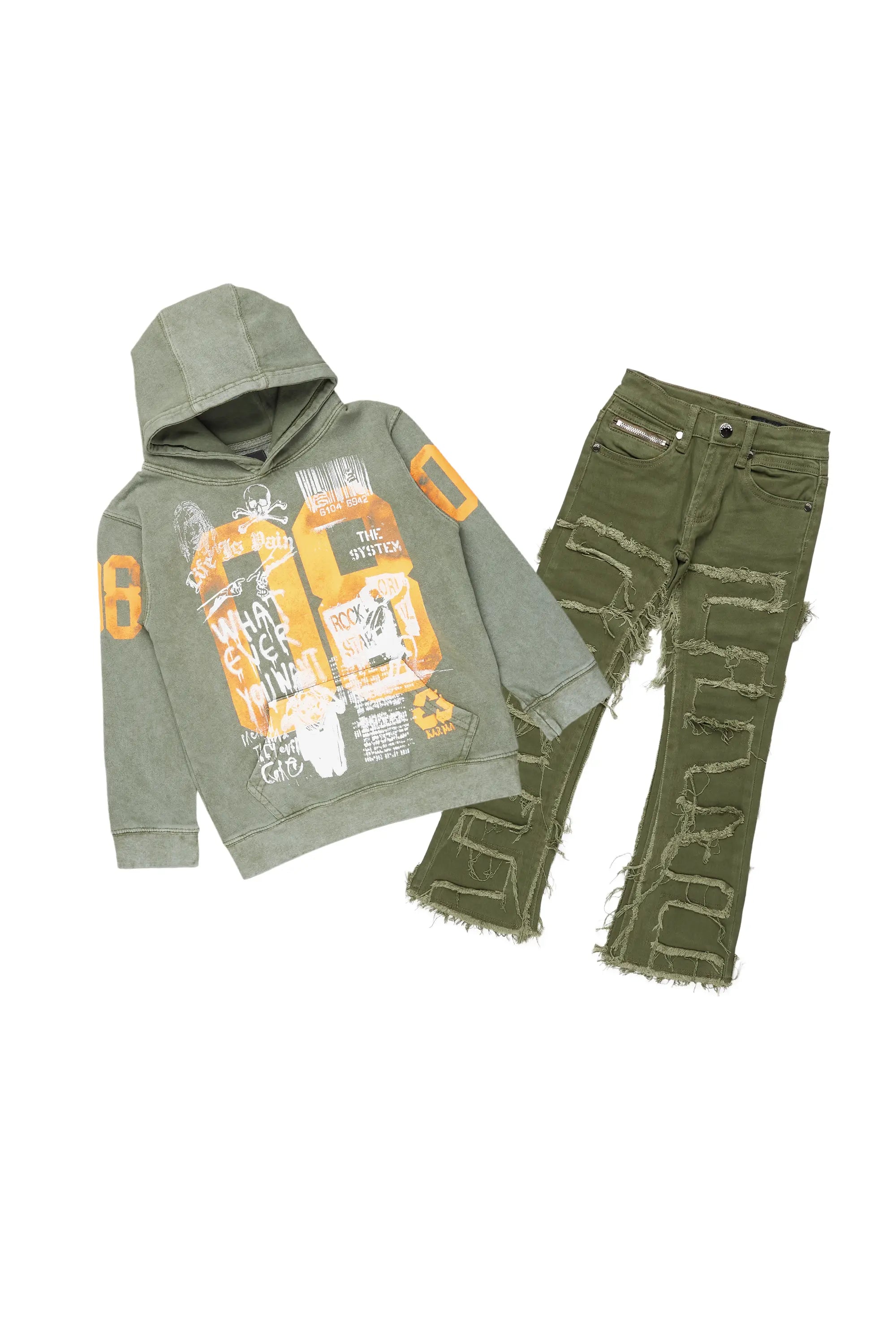 Boys Beau Green Hoodie/Stacked Flare Jean Set