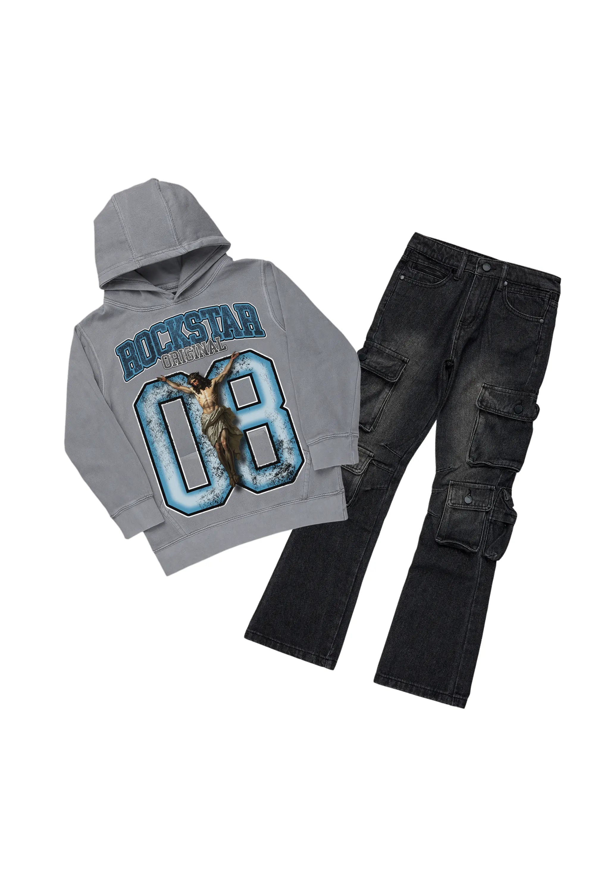 Boys Fields Vintage Grey/Black Hoodie/Stacked Flare Jean Set