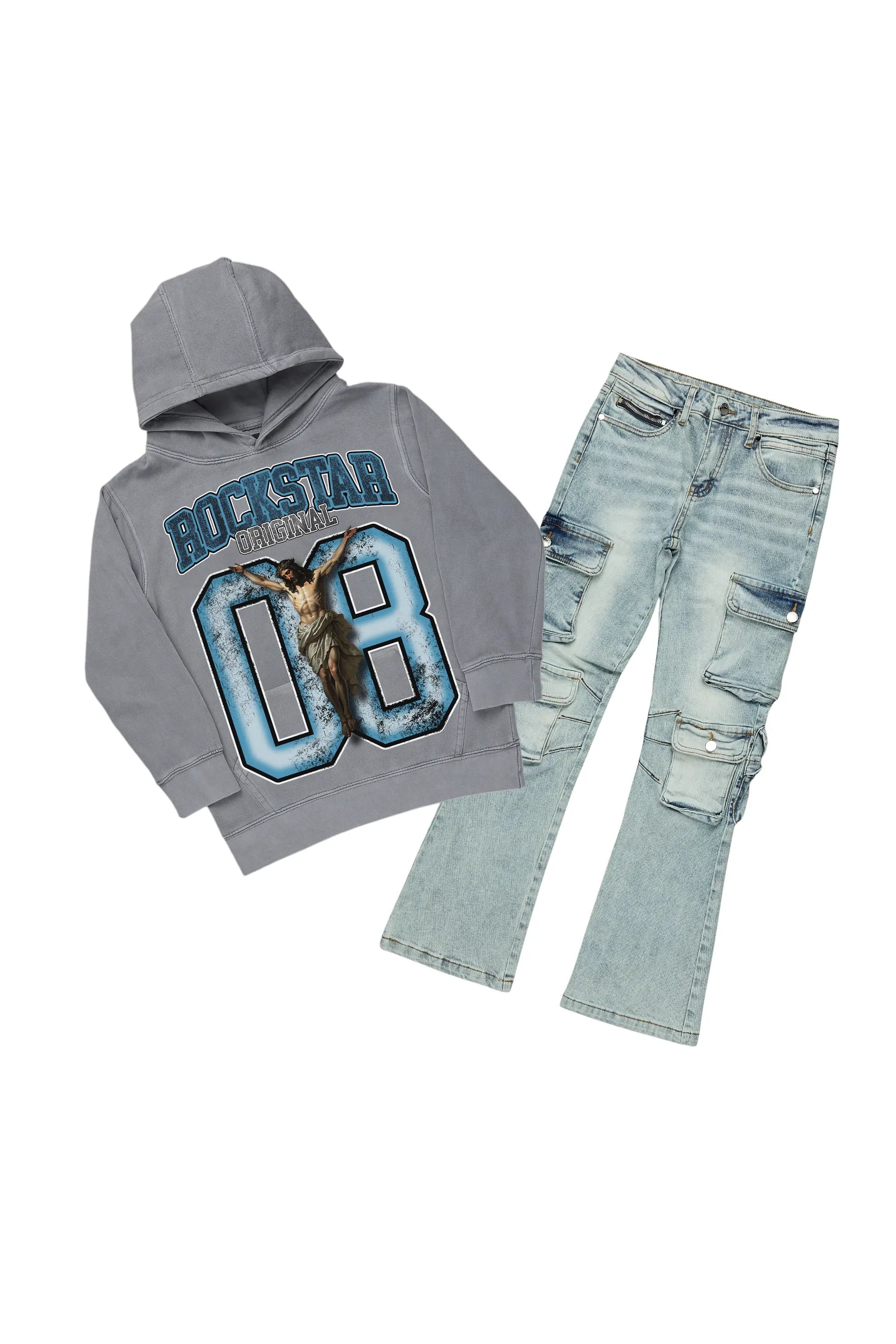 Boys Fields Vintage Grey/Blue Hoodie/Stacked Flare Jean Set