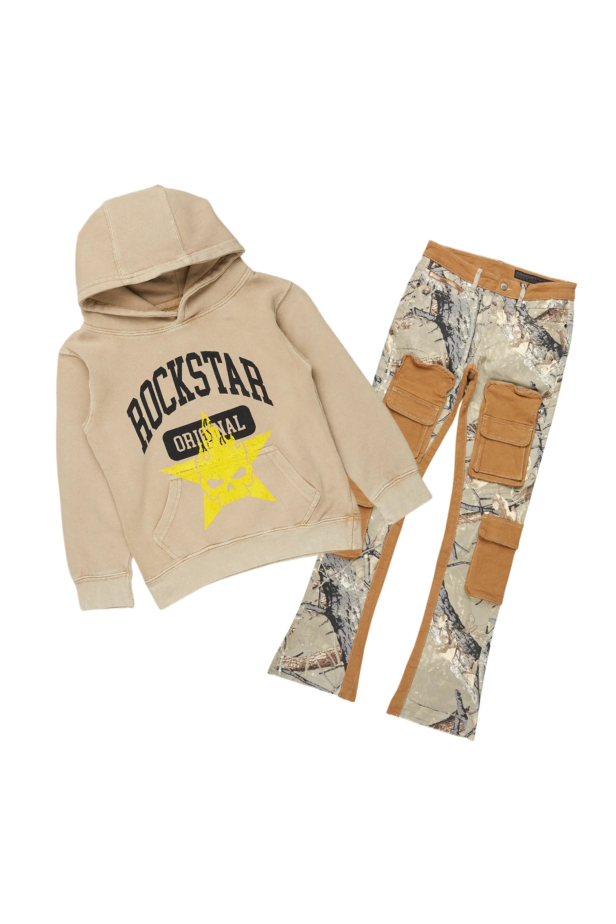 Boys Semaj Vintage Beige/Camo Hoodie/Stacked Flare Jean Set