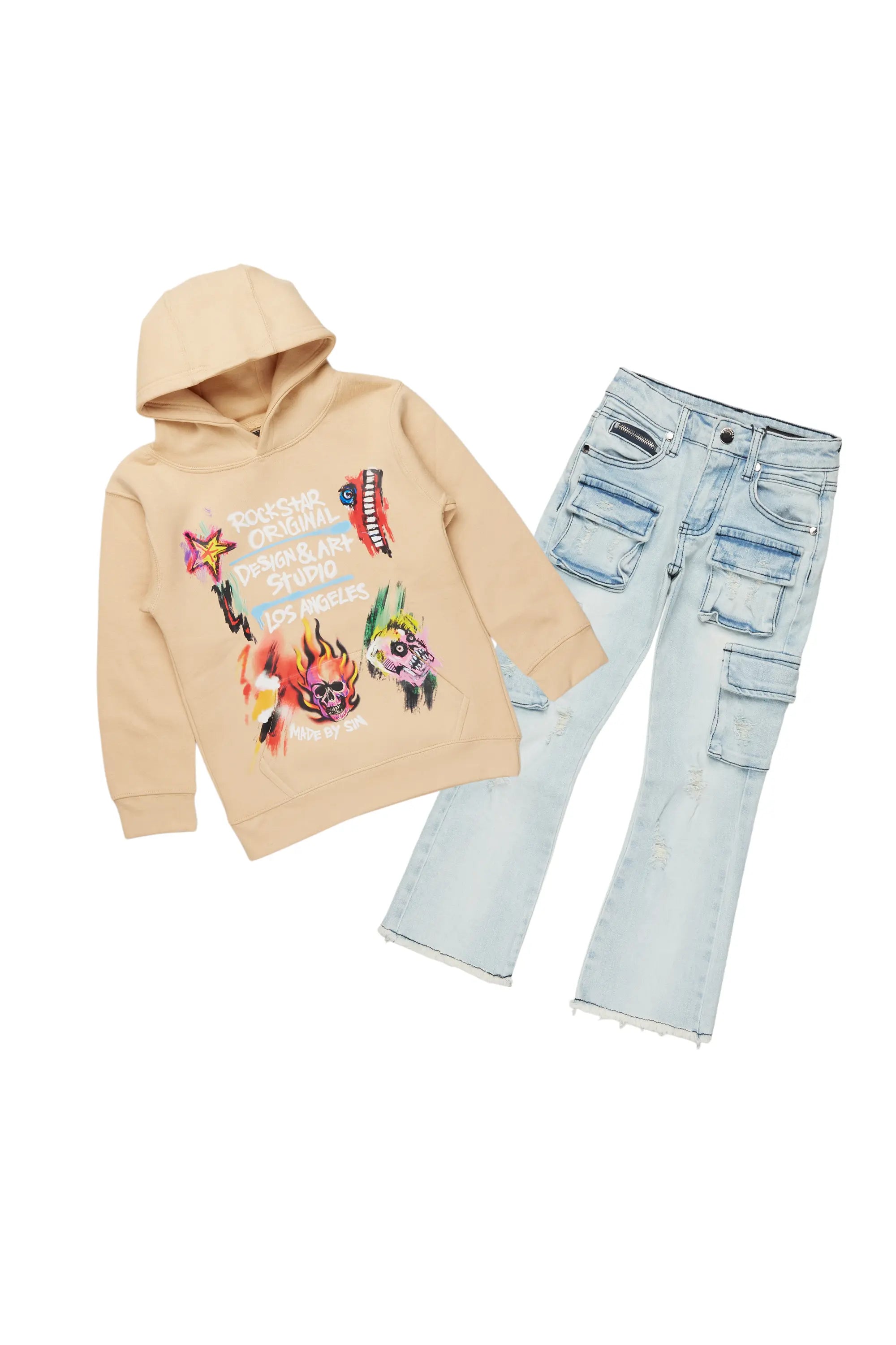 Boys Soweto Beige/Blue Hoodie/Stack Flare Jean Set