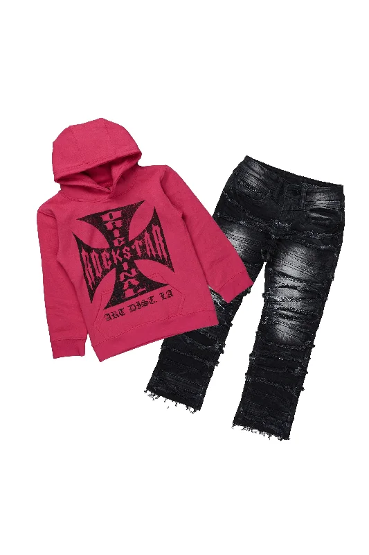 Boys Udell Fuchsia/Black Hoodie/Stack Flare Jean Set