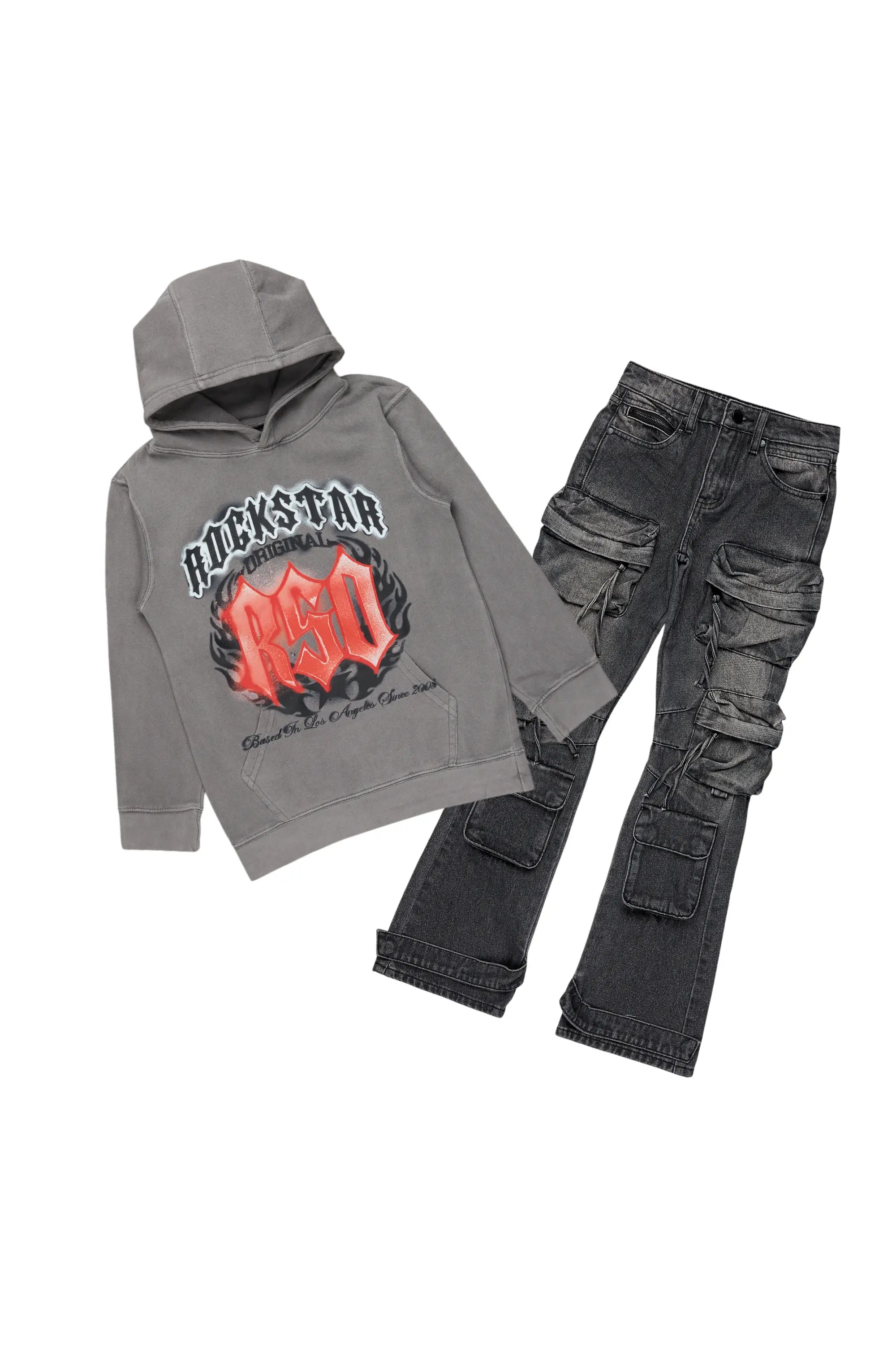 Boys Boaz Vintage Grey Hoodie/Stacked Flare Jean Set