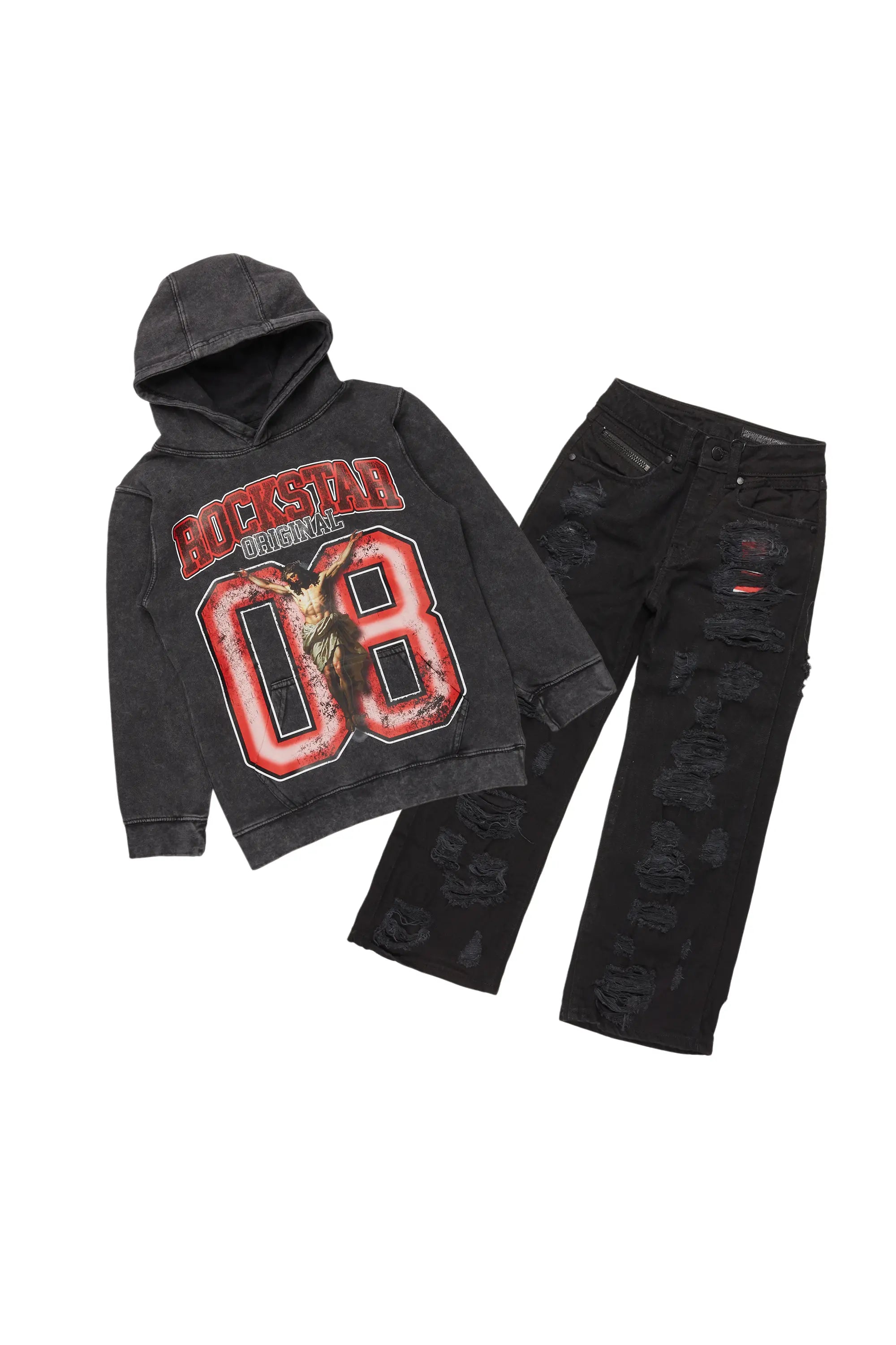 Boys Fields Vintage Black/Red Hoodie/Baggy Fit Jean Set