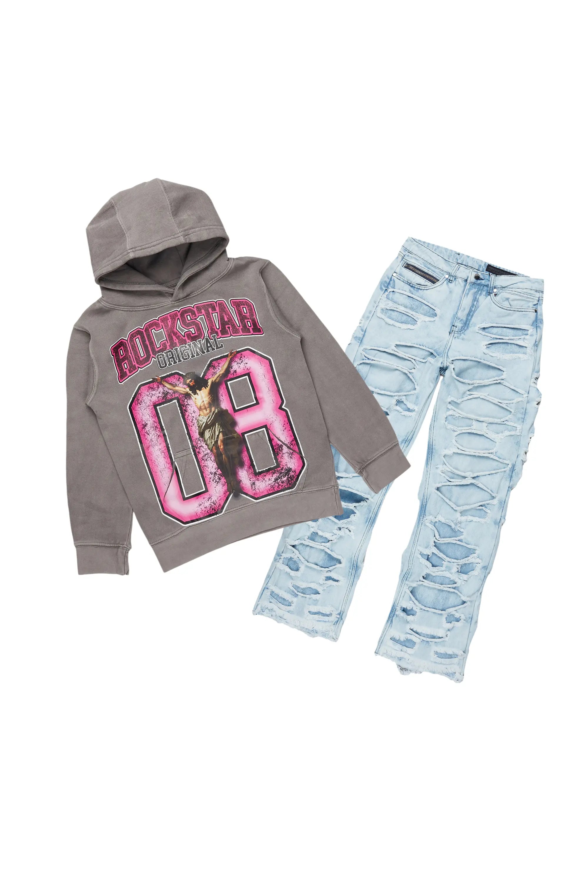 Boys Fields Vintage Grey/Pink Hoodie/Baggy Fit Jean Set