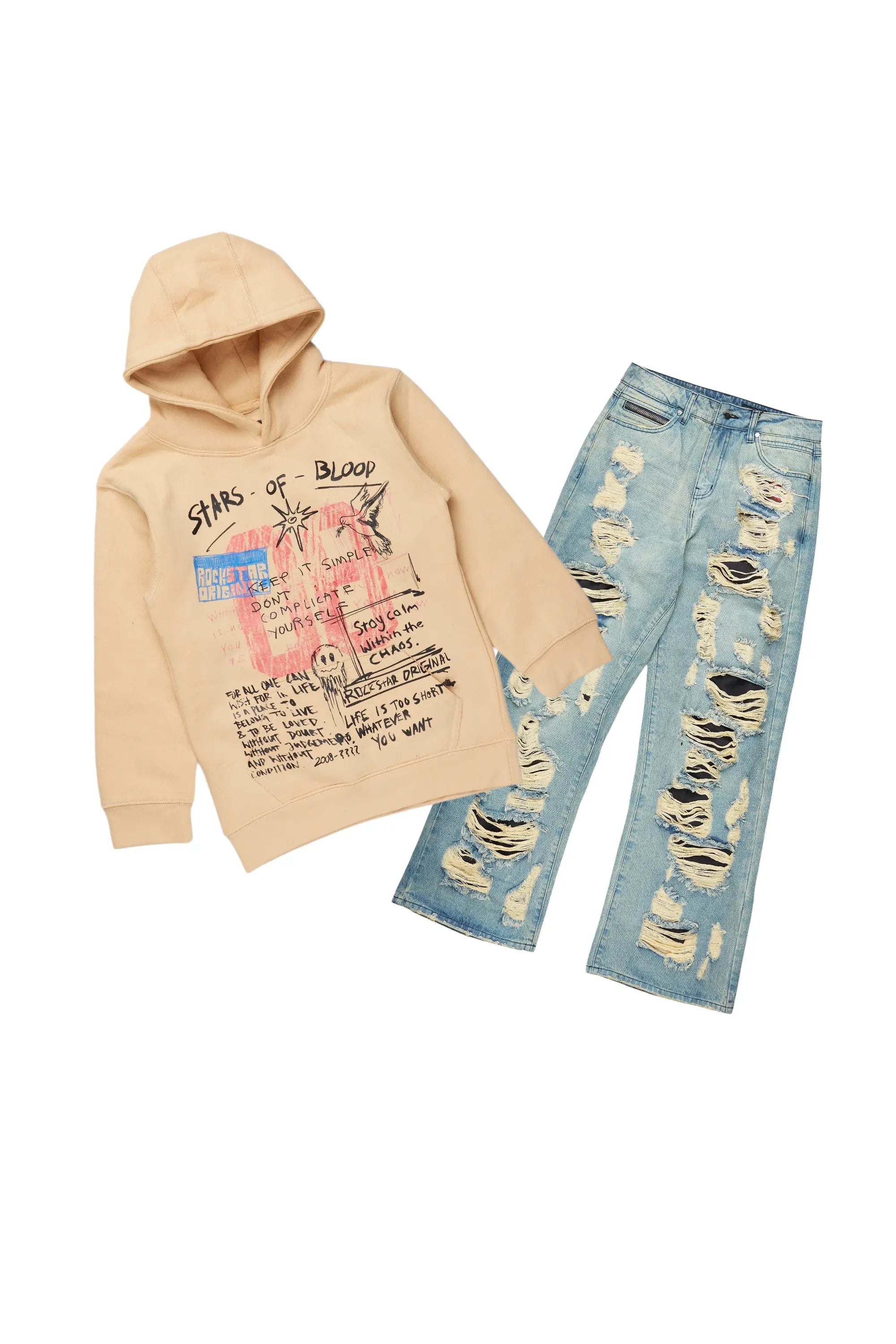 Boys Gabin Beige Hoodie/Baggy Fit Jean Set