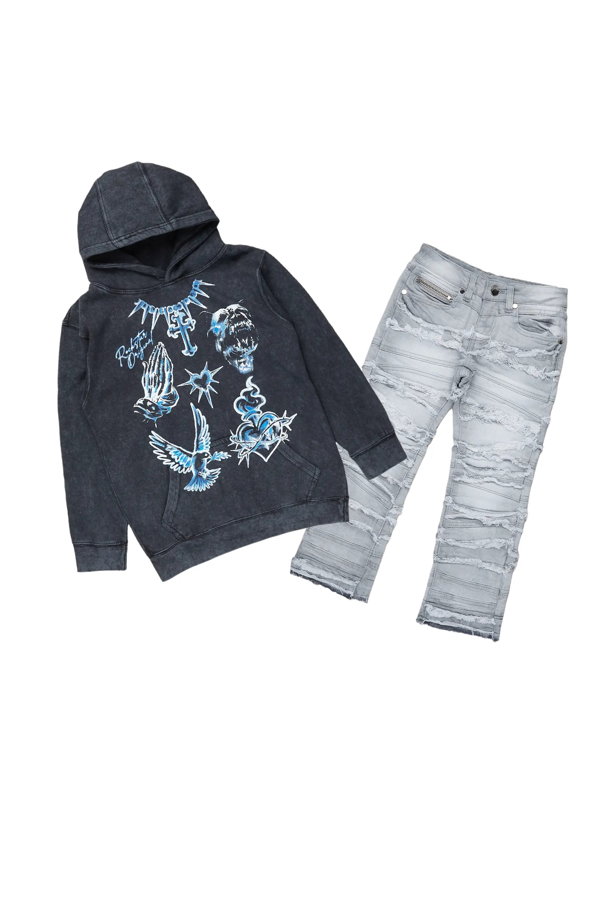 Boys Valar Vintage Black Hoodie/Stacked Flare Jean Set