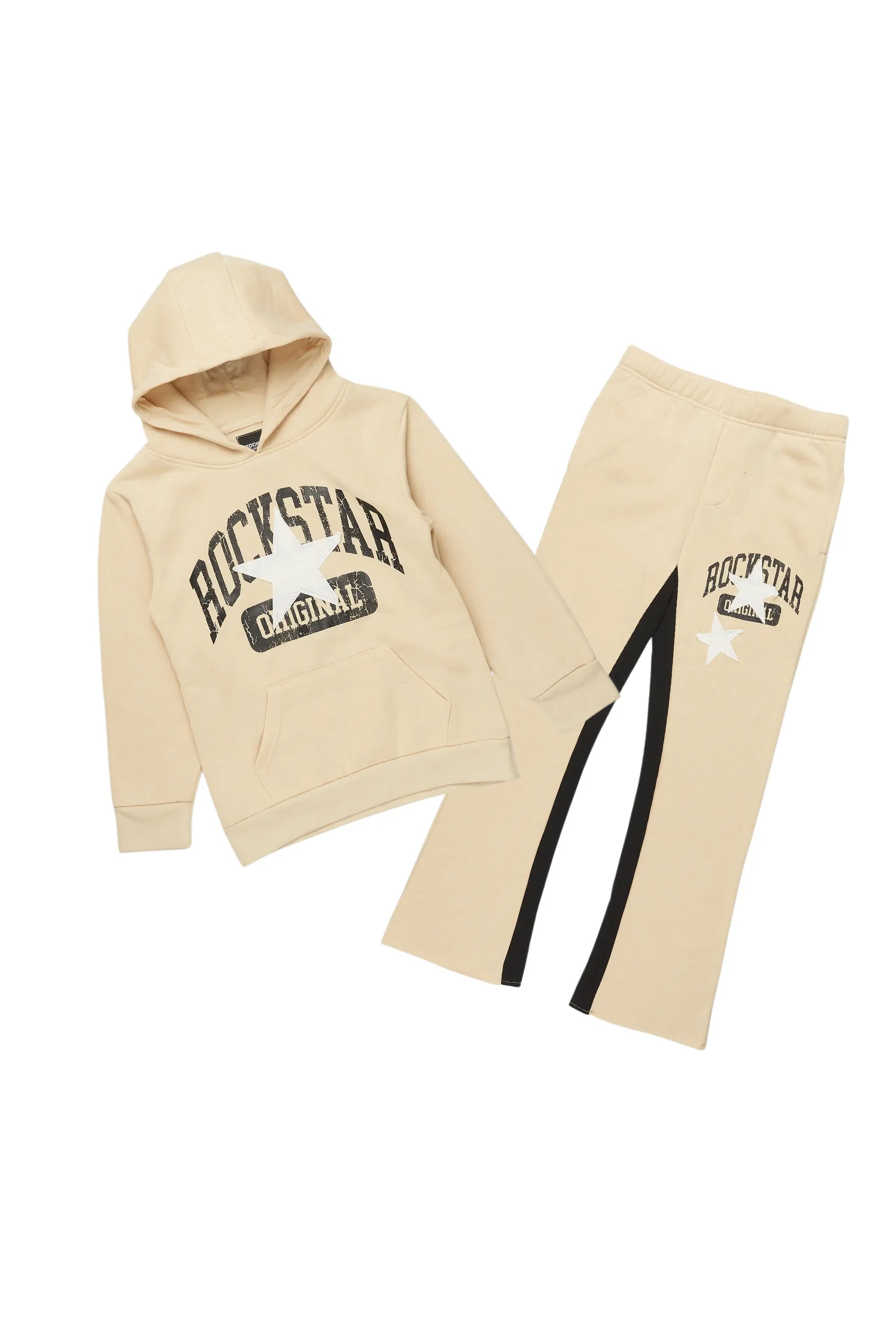 Boys Mallor Beige/White Baggy Stacked Hoodie Track Set