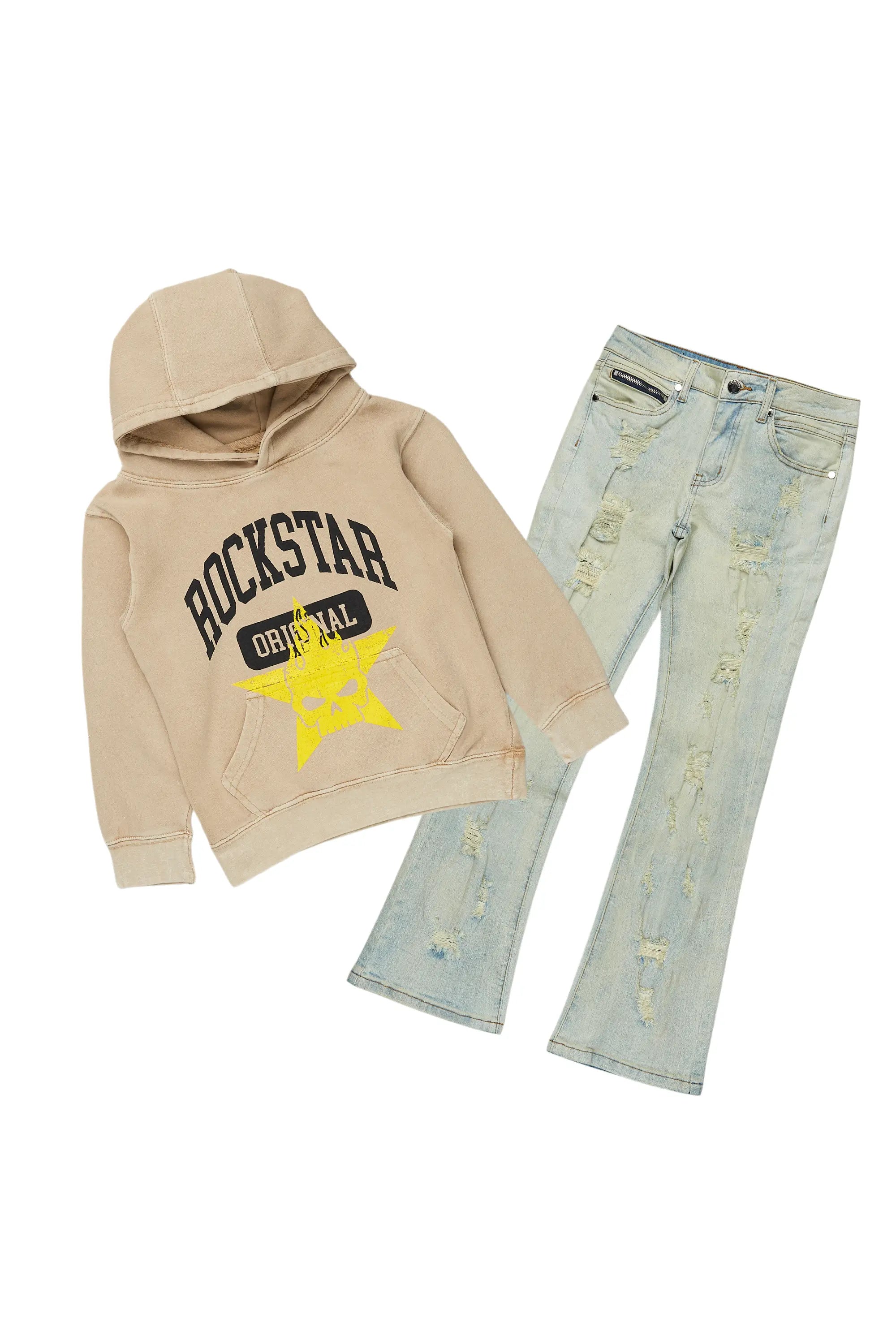 Girls Jilie Vintage Beige Hoodie/Stacked Flare Jean Set