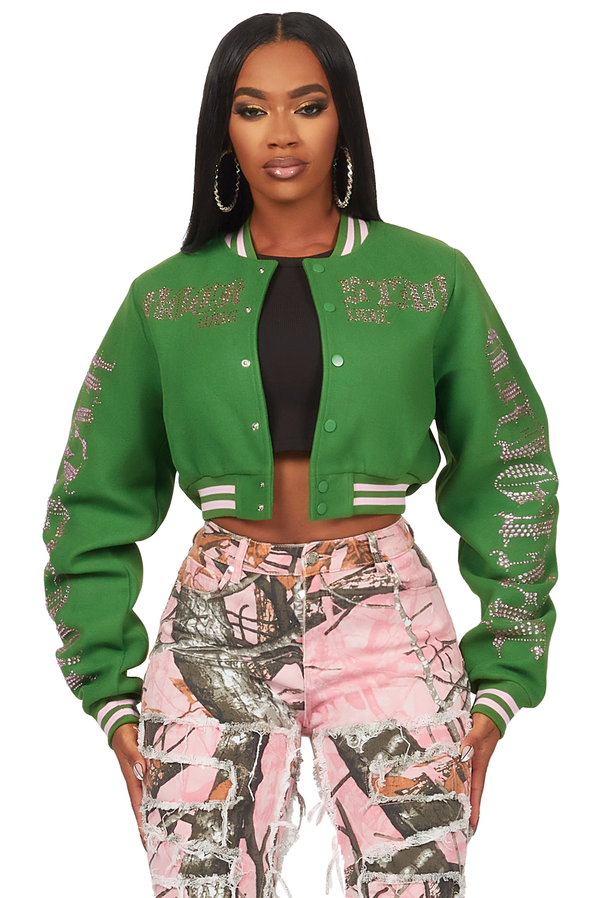 Gianni Green Crop Rhinestone Varsity Jacket