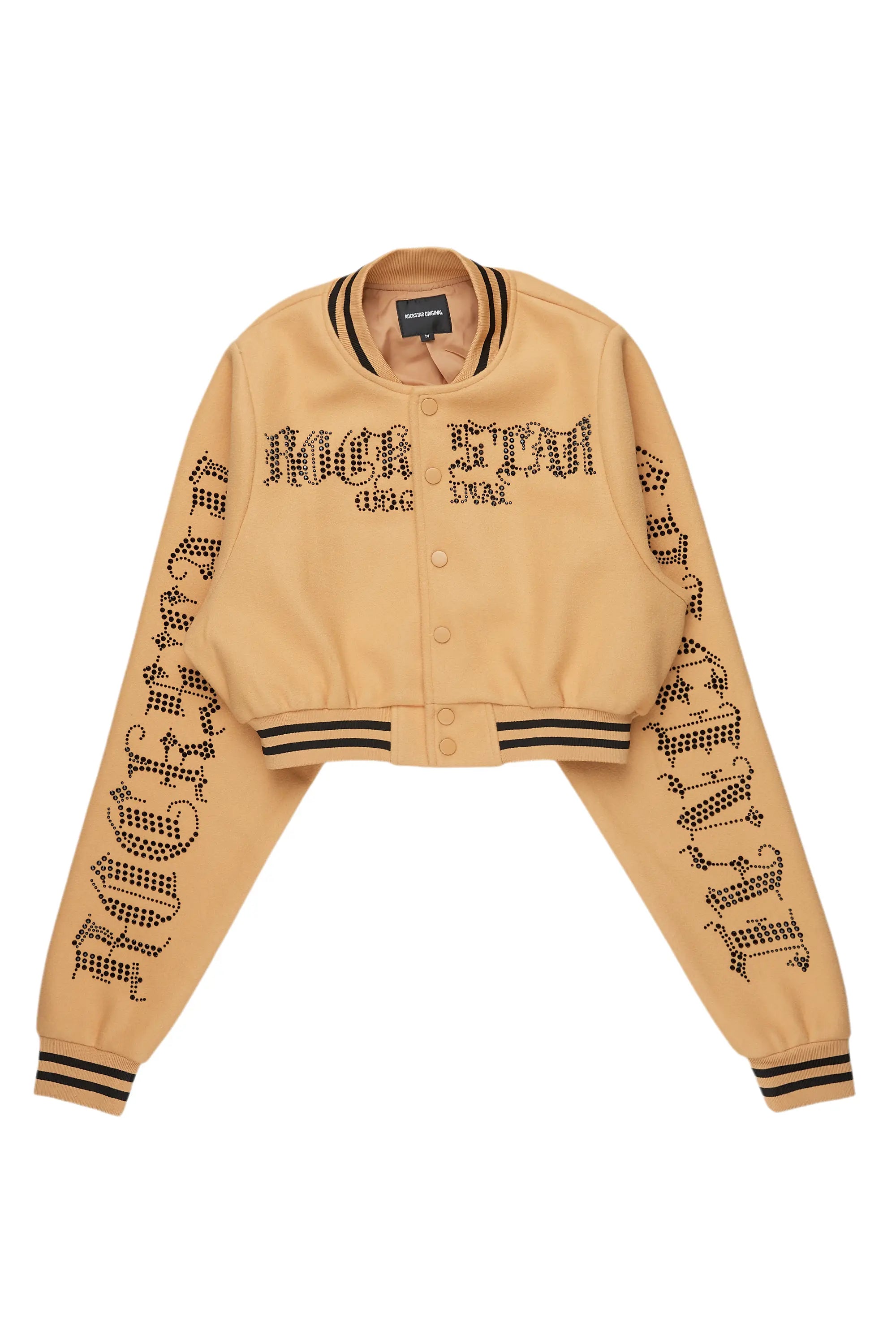 Gianni Tan Crop Rhinestone Varsity Jacket