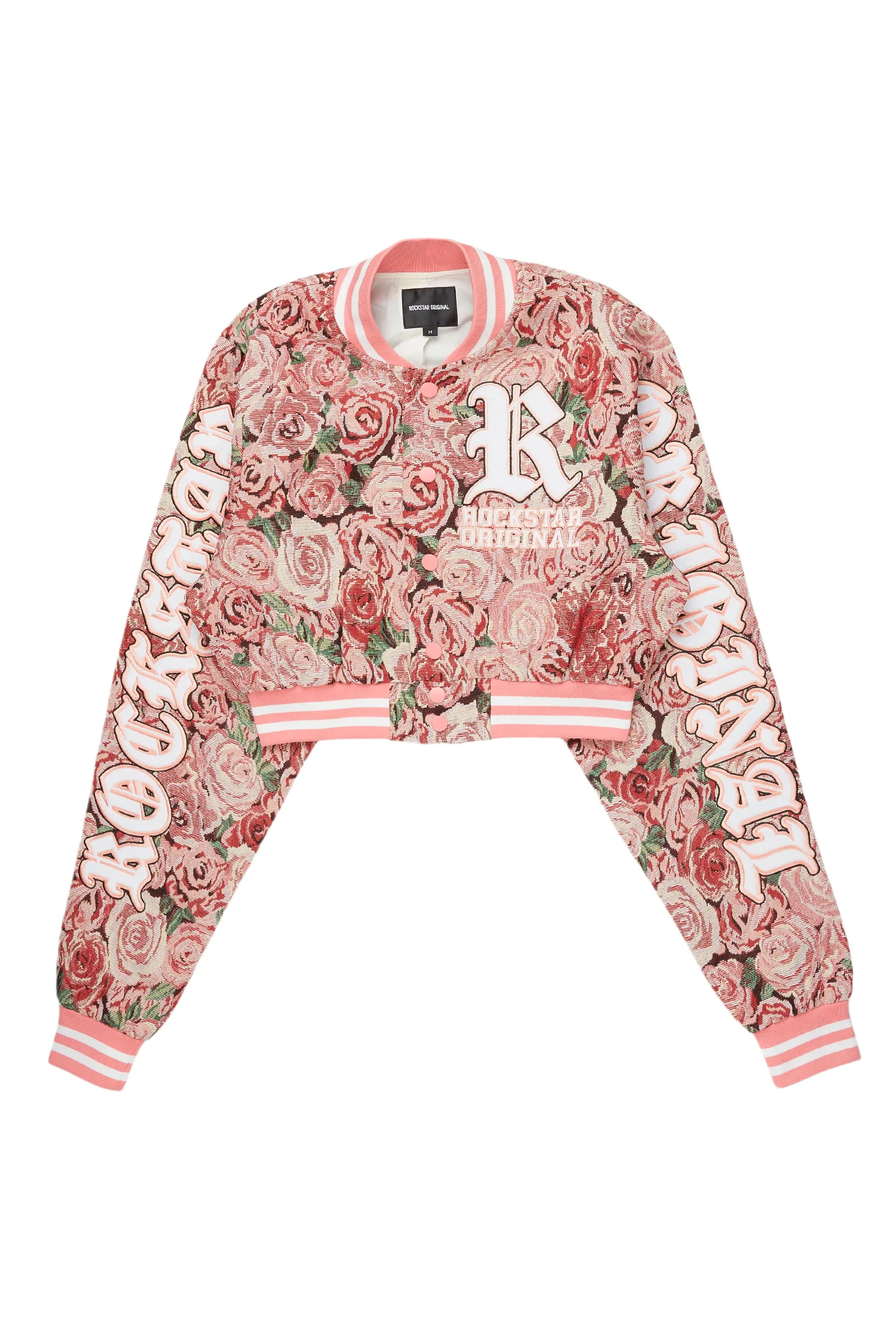 Darresha Pink Crop Tapestry Varsity Jacket