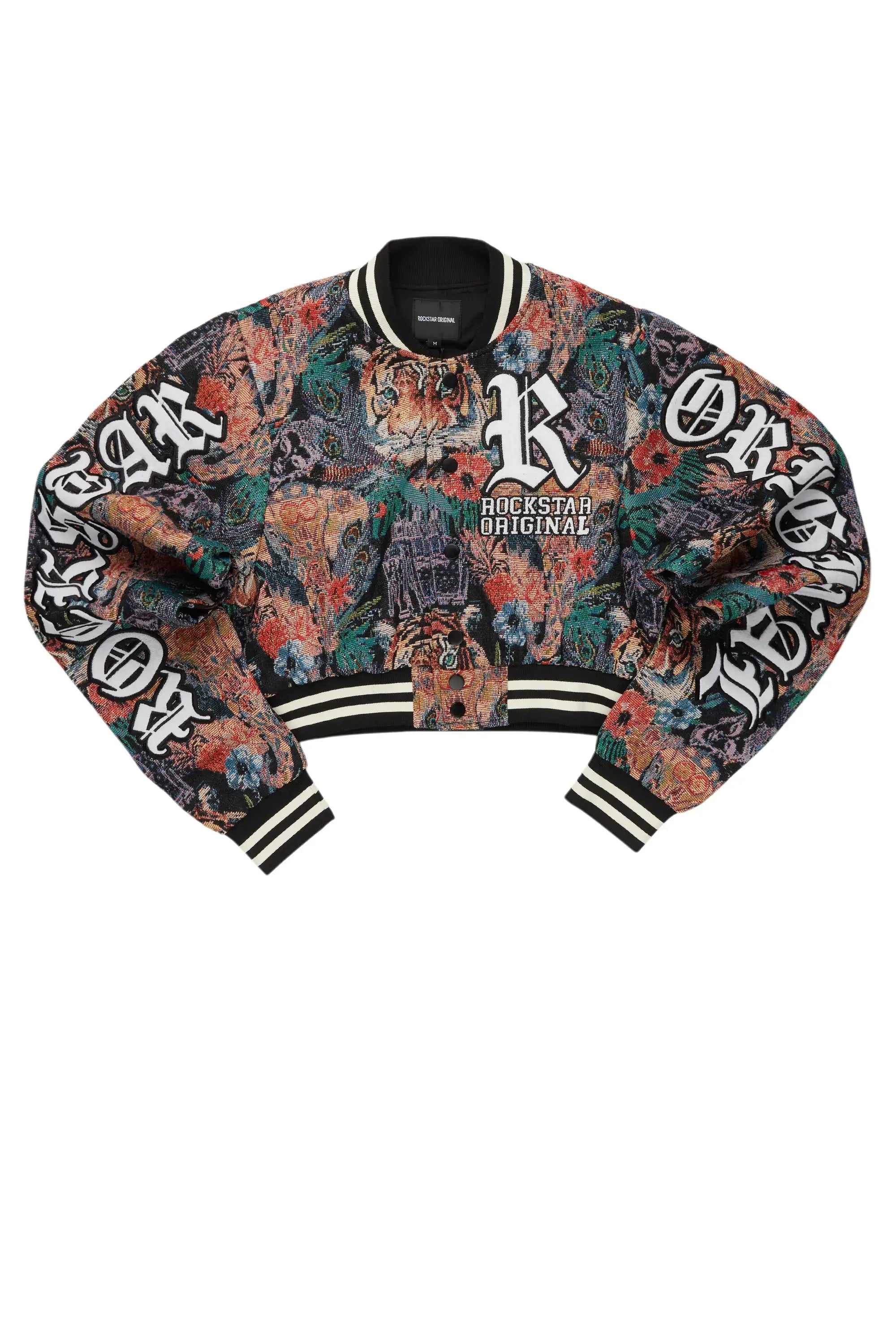 Rena Black Crop Tapestry Varsity Jacket