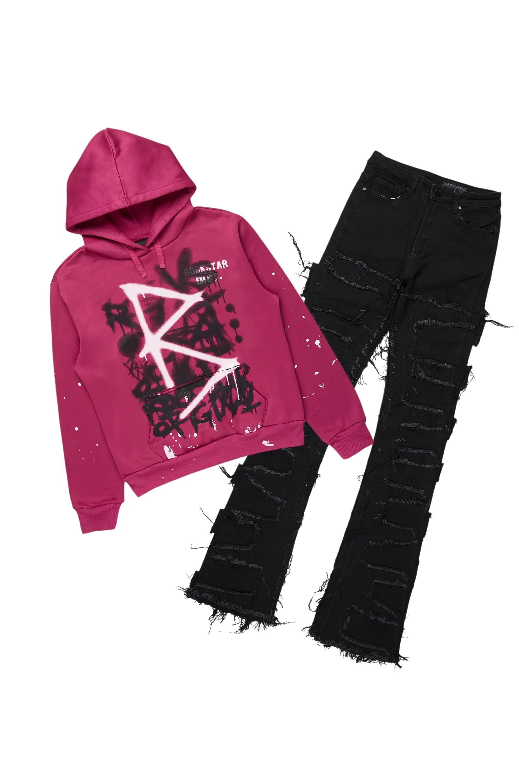 Maisha Black/Fuchsia Hoodie/Super Stacked Jean Set