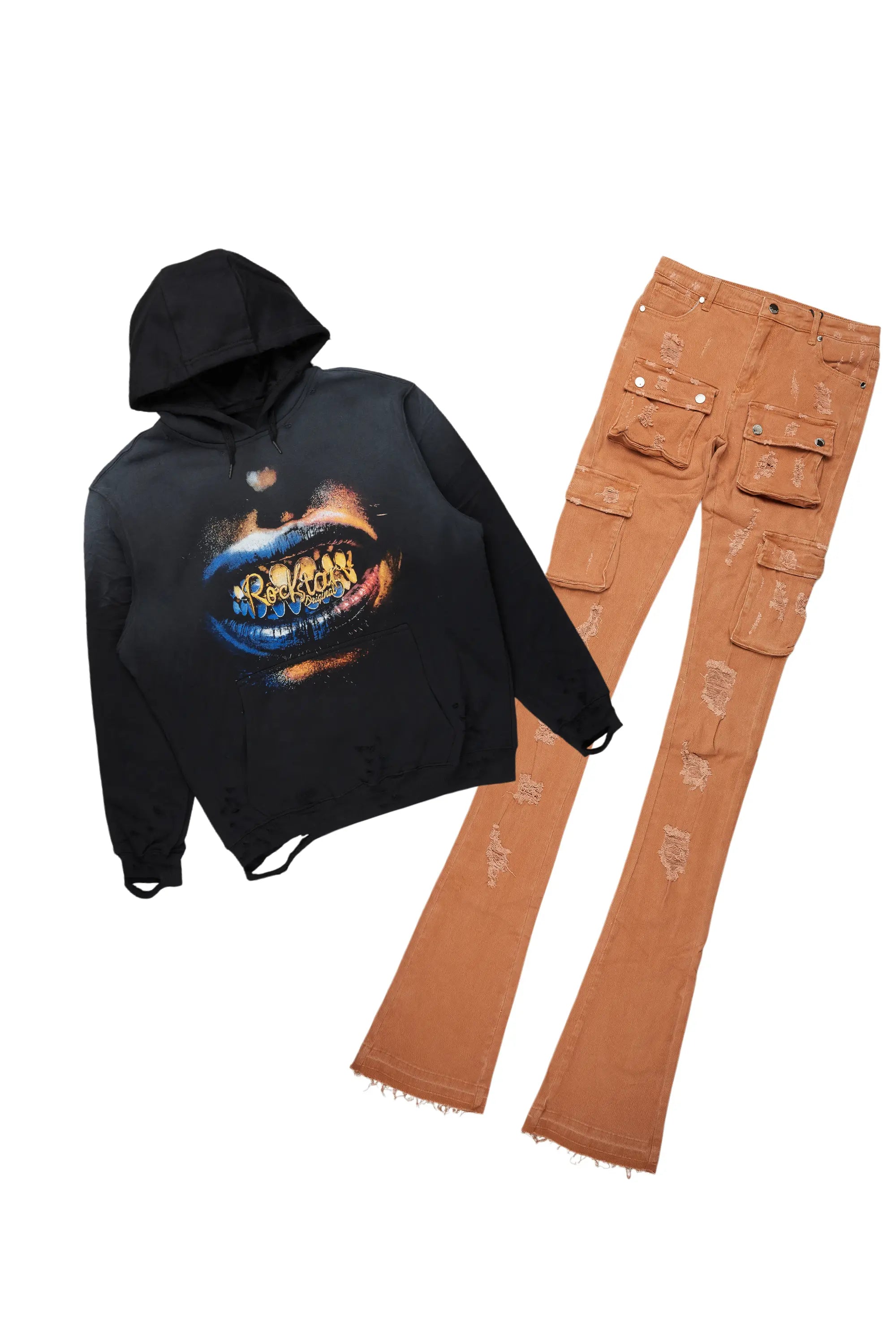 Marsonique Black/Tan Hoodie/Super Stacked Jean Set