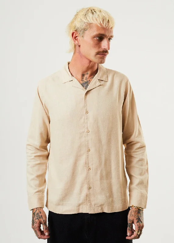 AFENDS Mens Critical - Cuban Long Sleeve Shirt - Bone