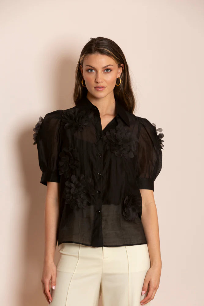 Button Down Shirt with Flower Applique