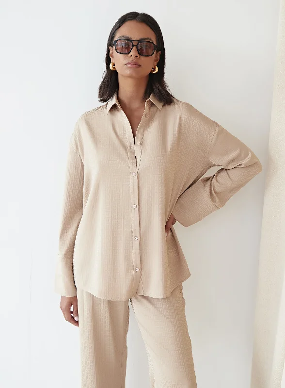 Camel Relaxed Geo Print Satin Shirt - Mimi