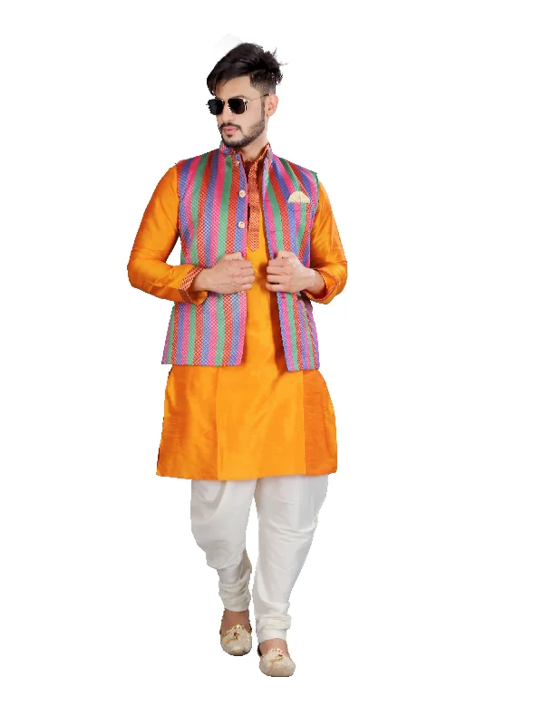 Indian Traditional Marvelous Marigold Kurta Set With Multicolored Nehru Jacket - RK4236