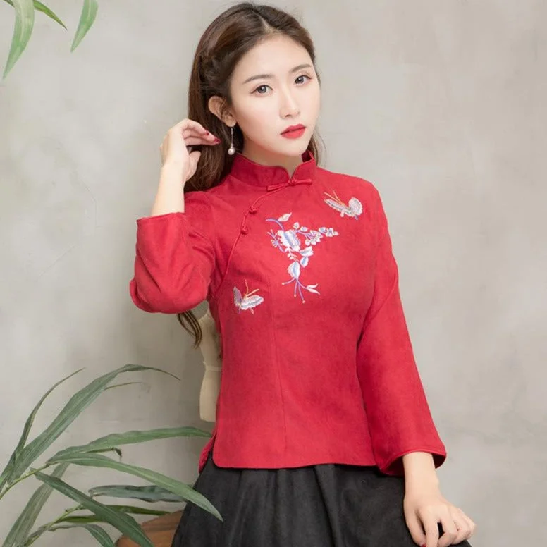 Floral & Butterfly Embroidery Cheongsam Top Traditional Chinese Shirt