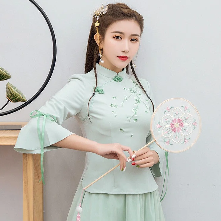 Floral Embroidery Long Sleeve Cheongsam Top Traditional Chinese Shirt