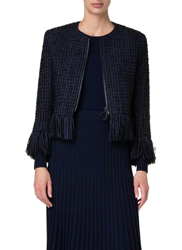 Fringe Tweed Crop Jacket In Navy