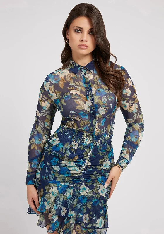 Guess Womens Floral Shirt, Navy Multi