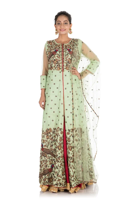 Heavy Hand Embroidered Pastel Green And Maroon Jacket Lehenga Set