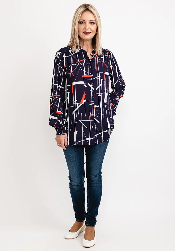 iBlues Clara Geo Print Sheer Shirt, Navy Multi