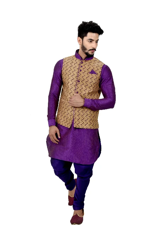 Indian Traditional Ghiccha Silk Purple Sherwani Kurta Set with Camel Jacket for Men