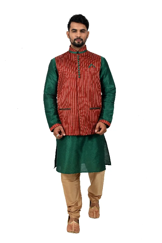 Indian Traditional Silk Green Sherwani Kurta Set with Maroon Jacket for Men