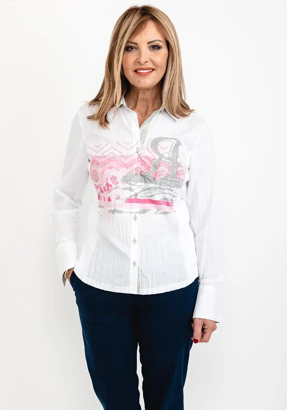 Just White Crinkle Look Print Shirt, White & Pink