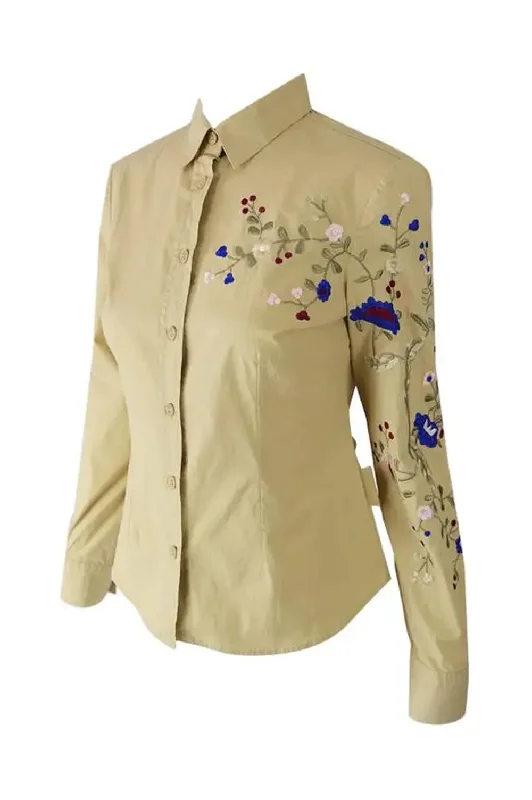 Womens Floral Embroidered Khaki Shirt, 1990s