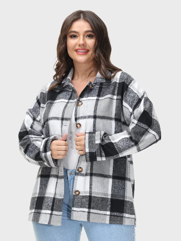 Long Sleeves Loose Lapel Plaid Tweed Jacket